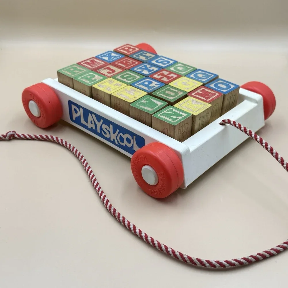 Playskool Wagon Pull Along Toy Cart With Wooden Letter Blocks Vintage 70s Retro